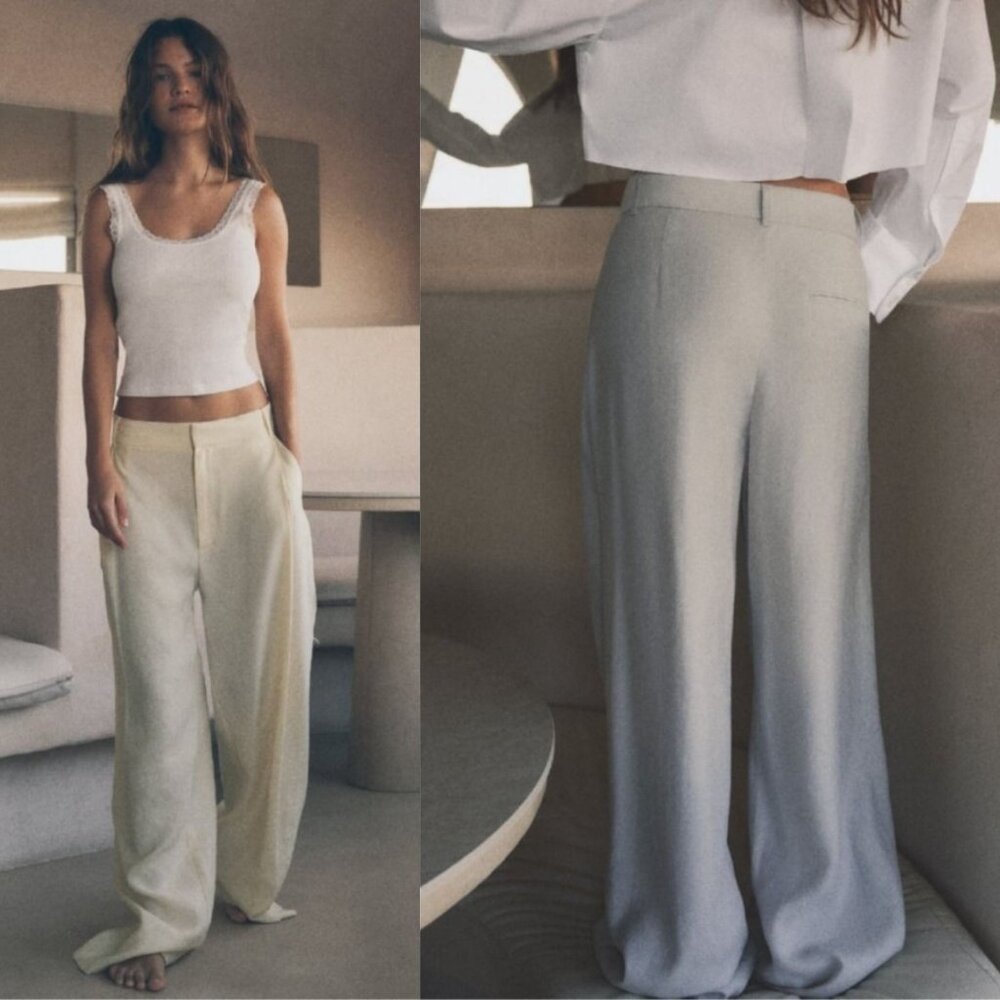 ZARA Cream Modal Blend Full Length High-Waist Trousers Pockets Women's Size XS